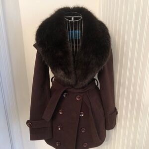 Mango Brown Double-Breasted Coat with Faux Fur Collar